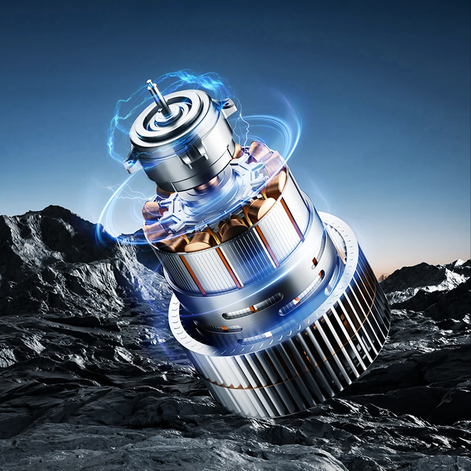 Cutaway electric motor with silver housing, copper windings and blue energy arcs over rocky mountains.