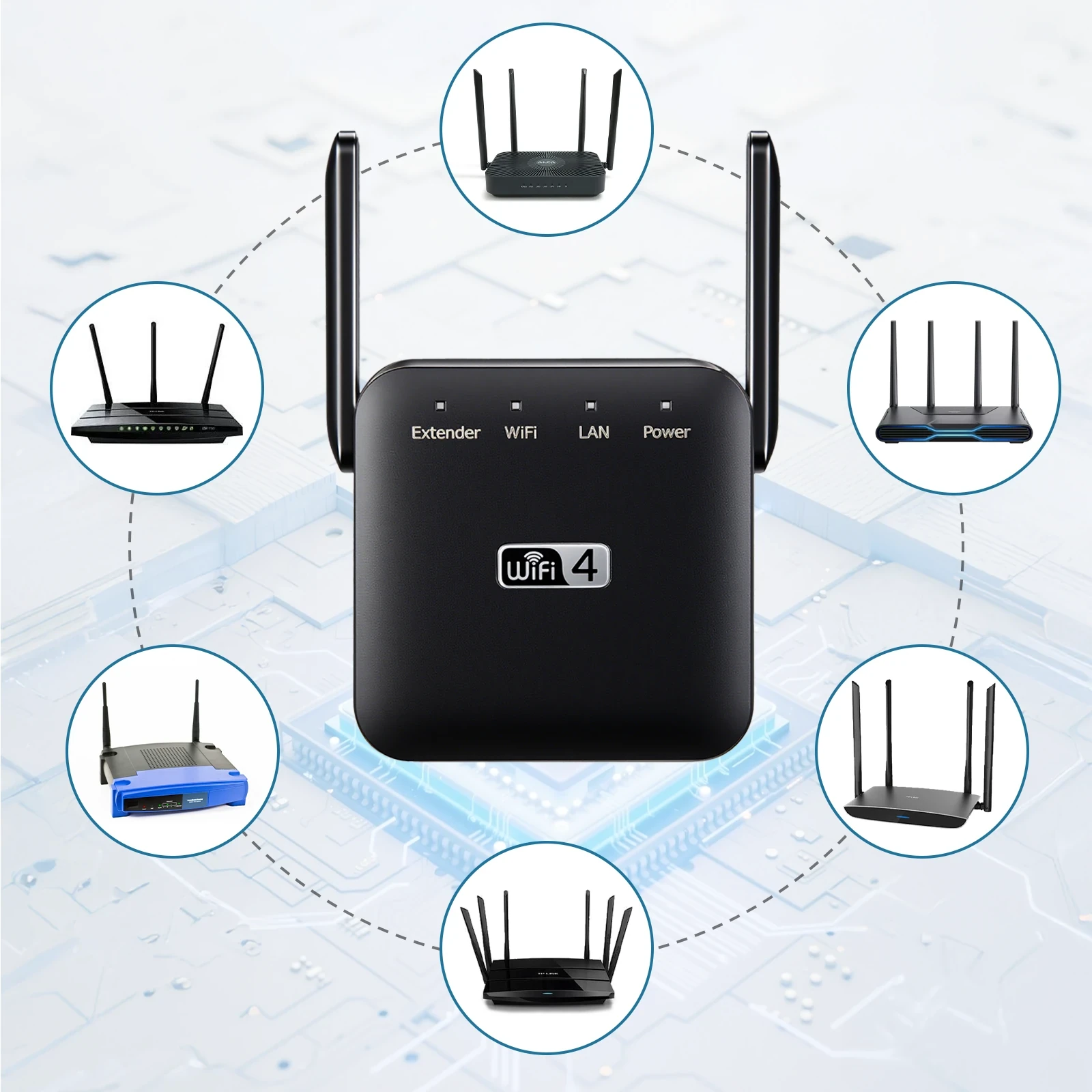 Black WiFi 4 range extender with dual external antennas and Extender, WiFi, LAN, Power LED indicators, surrounded by compatib