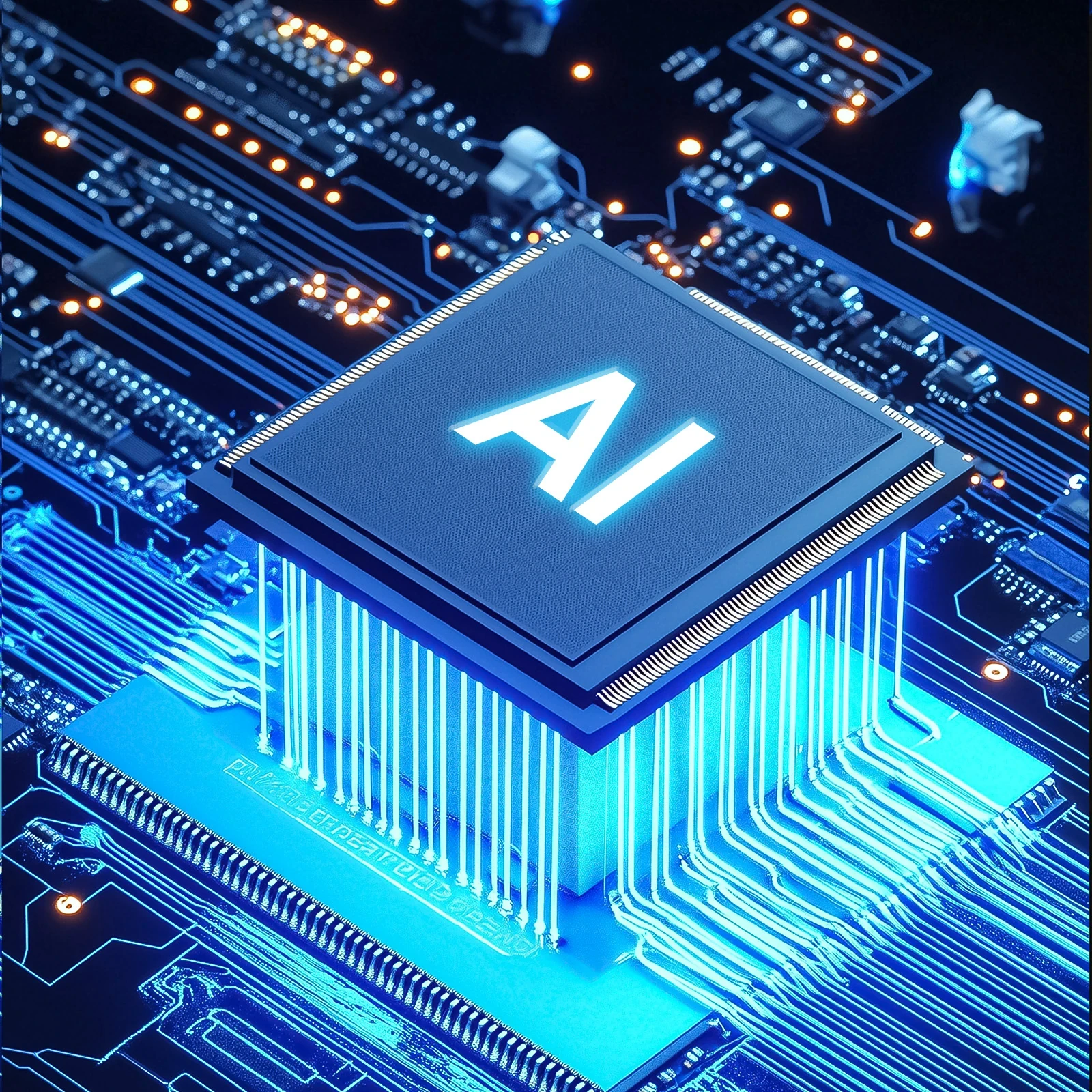 AI processor chip with glowing logo mounted on blue circuit board with illuminated circuitry