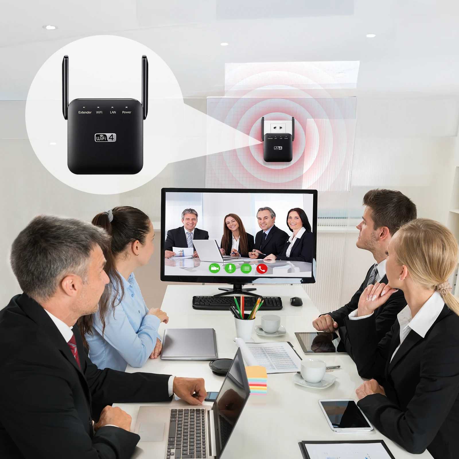 Black dual-antenna WiFi 4 range extender wall-mounted in an office meeting room supporting a video conference