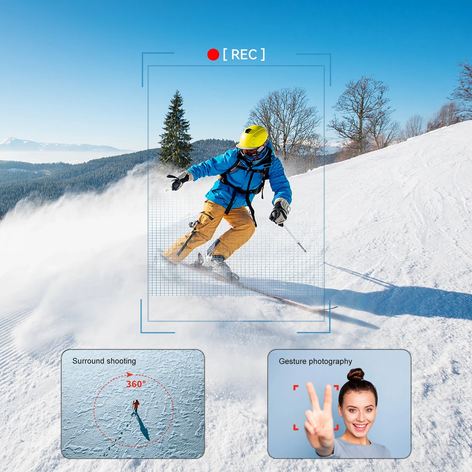 Action camera lifestyle image showing a skier with REC framing, 360 surround shooting, and gesture photography features.