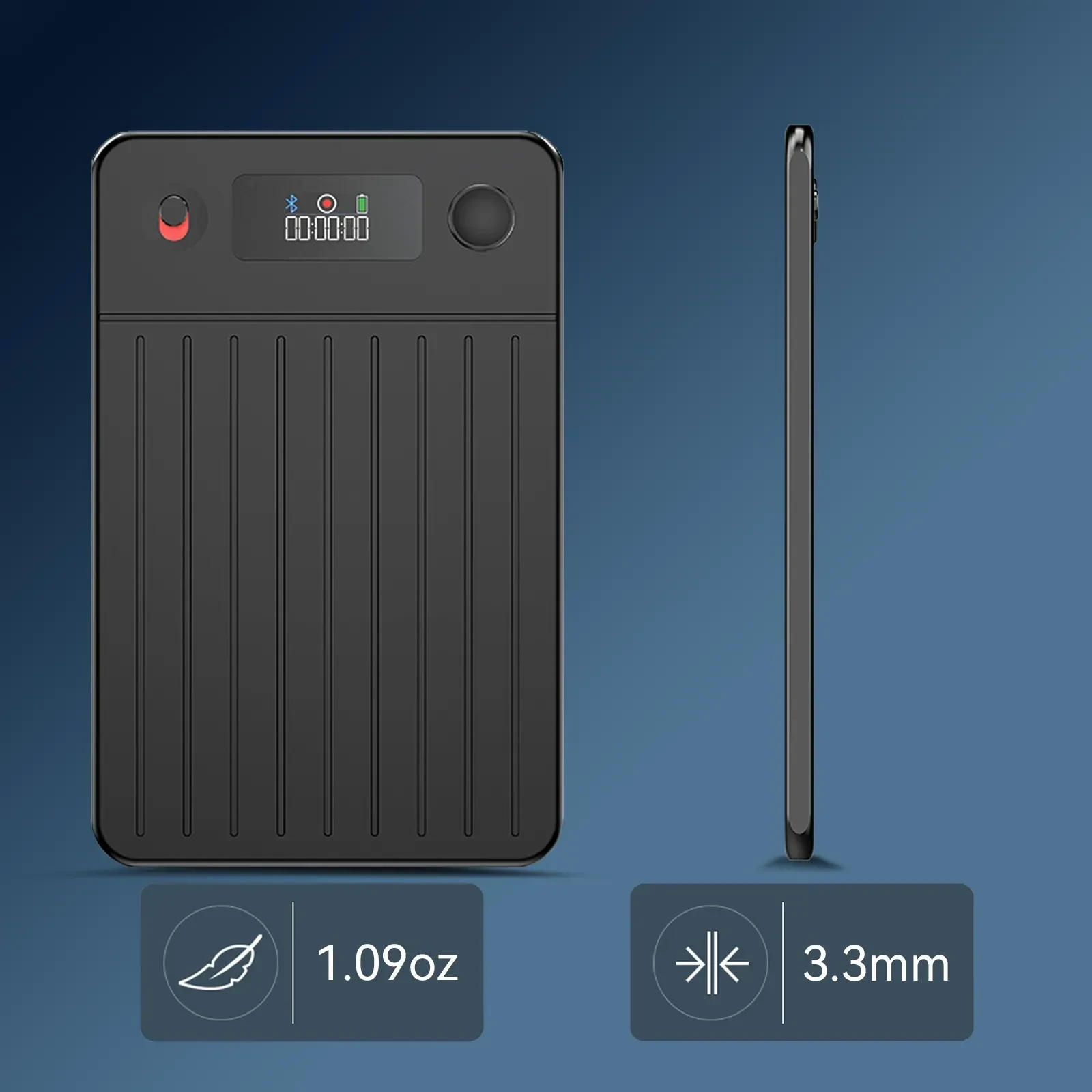 Black slim Bluetooth tracker card with LED indicators and ribbed texture, front and side views, 1.09oz and 3.3mm thin