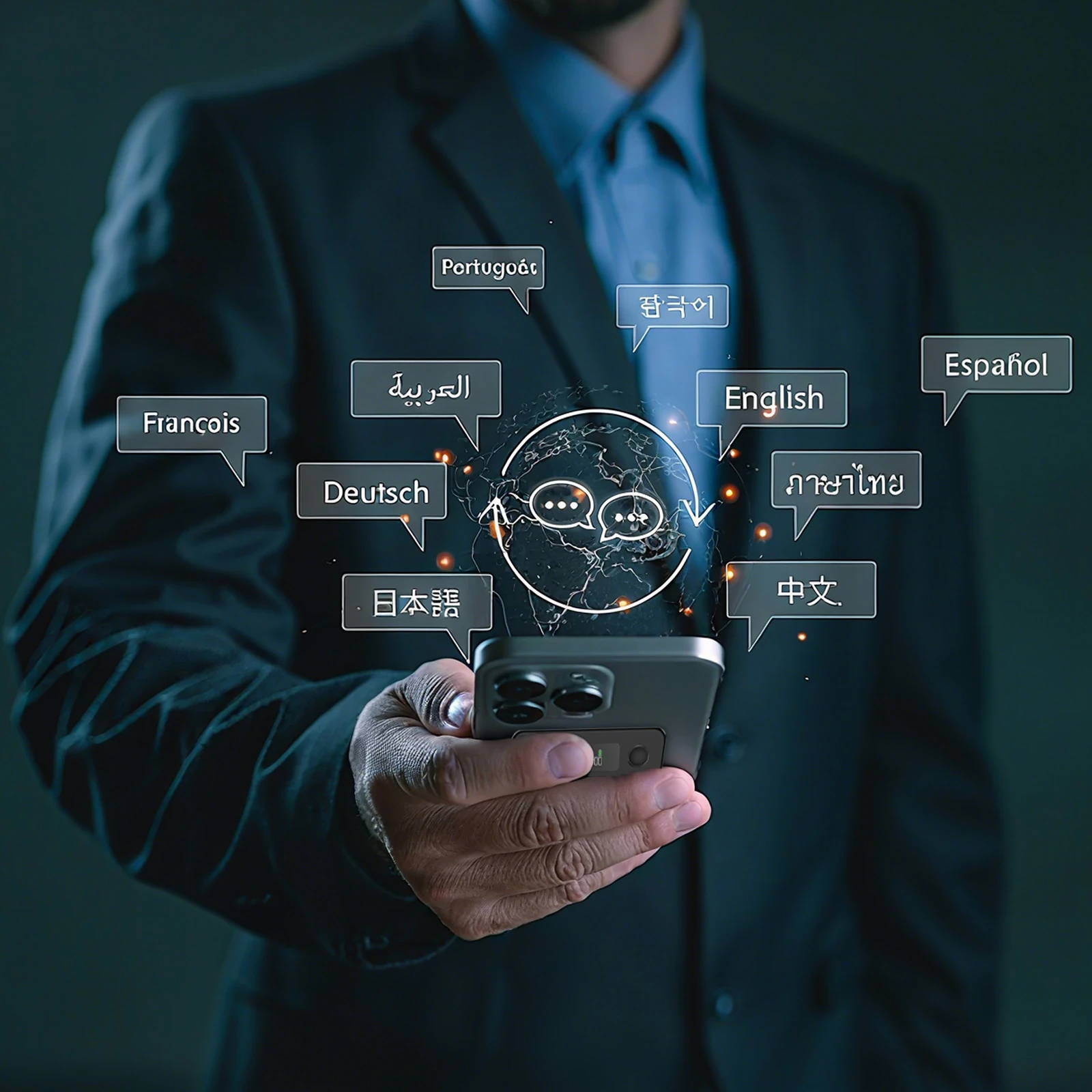 Person in dark suit holding smartphone with glowing globe and multilingual speech bubbles.