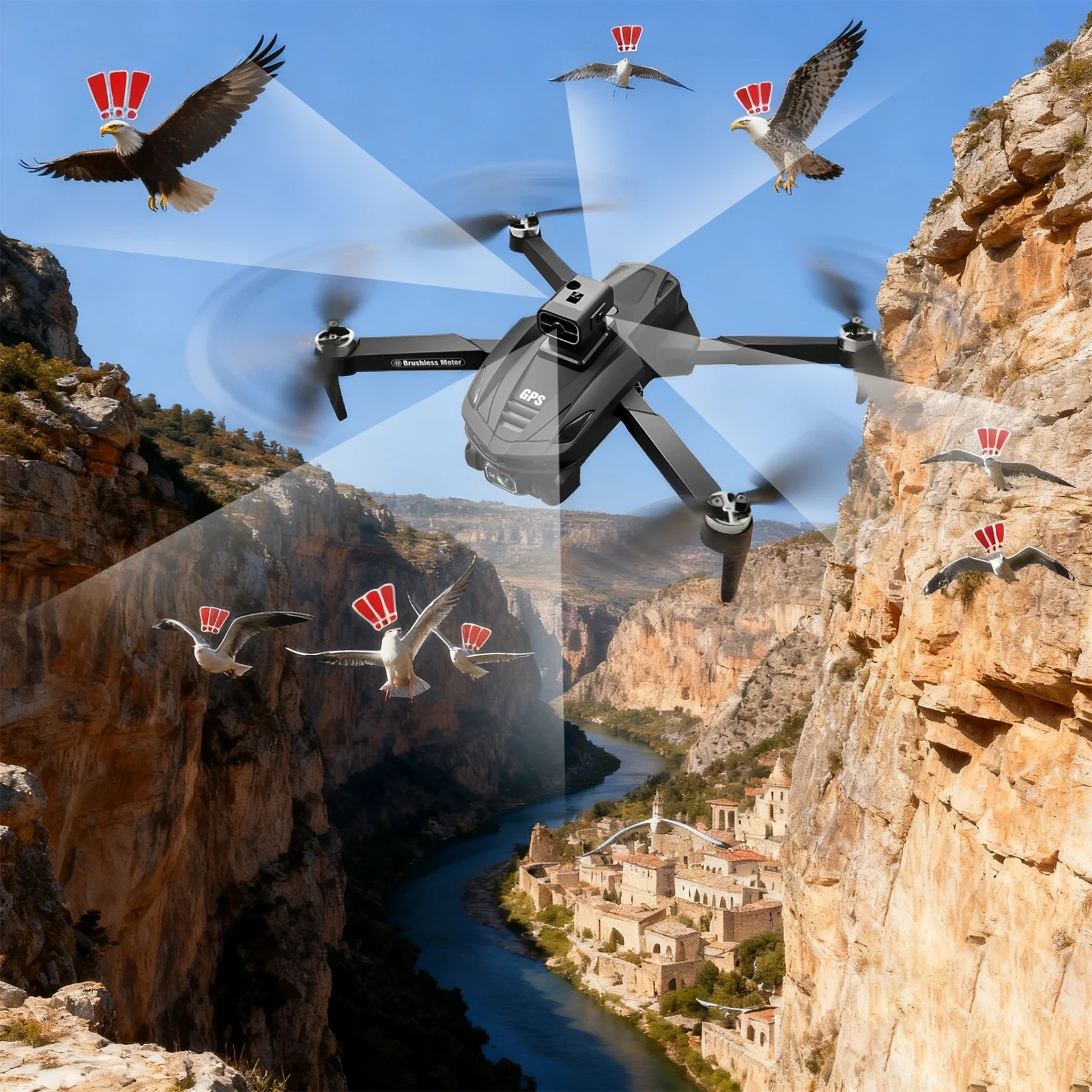 Black GPS camera drone with four spinning propellers flying over a rocky canyon with birds