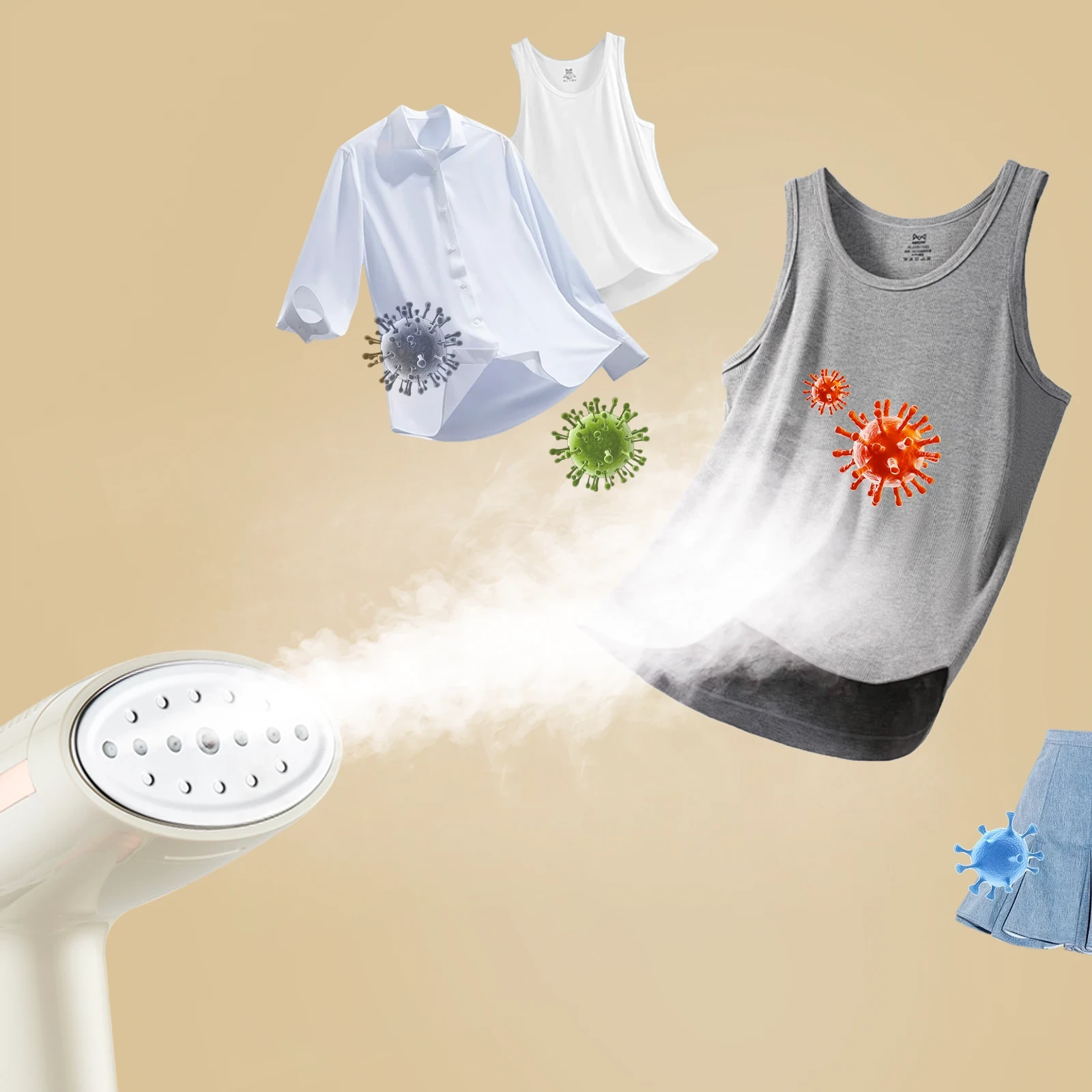 Handheld white garment steamer emitting steam toward floating shirts and tank tops with germ icons, on beige background.