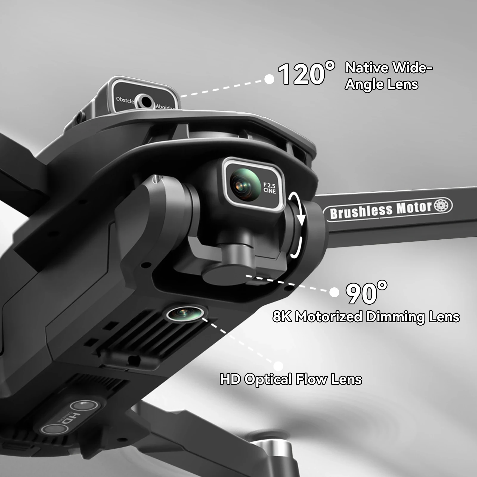Black quadcopter drone with 8K motorized gimbal camera, 120-degree wide-angle F2.5 lens, obstacle avoidance, and brushless mo