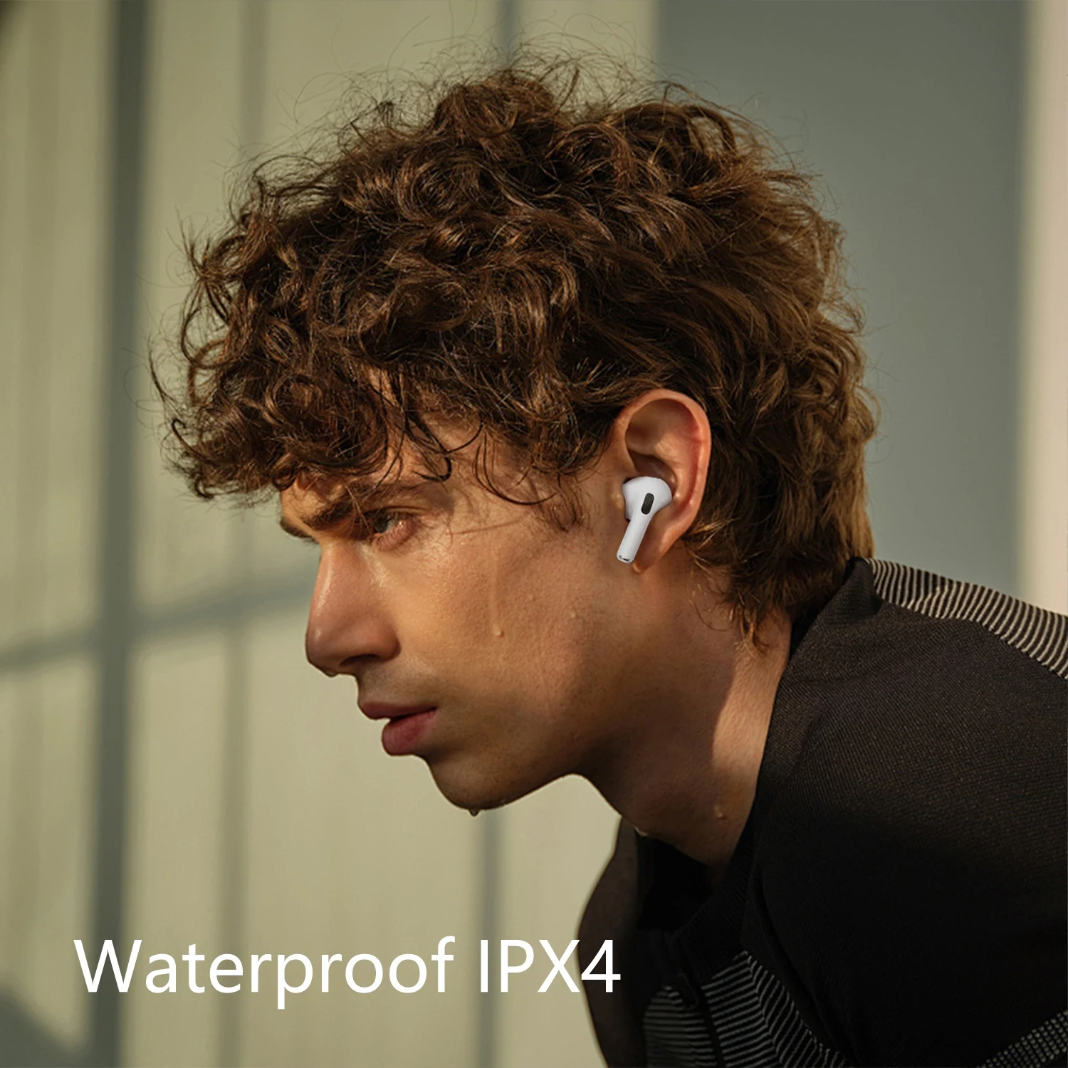 White wireless in-ear earbuds worn by a person with waterproof IPX4 text overlay.