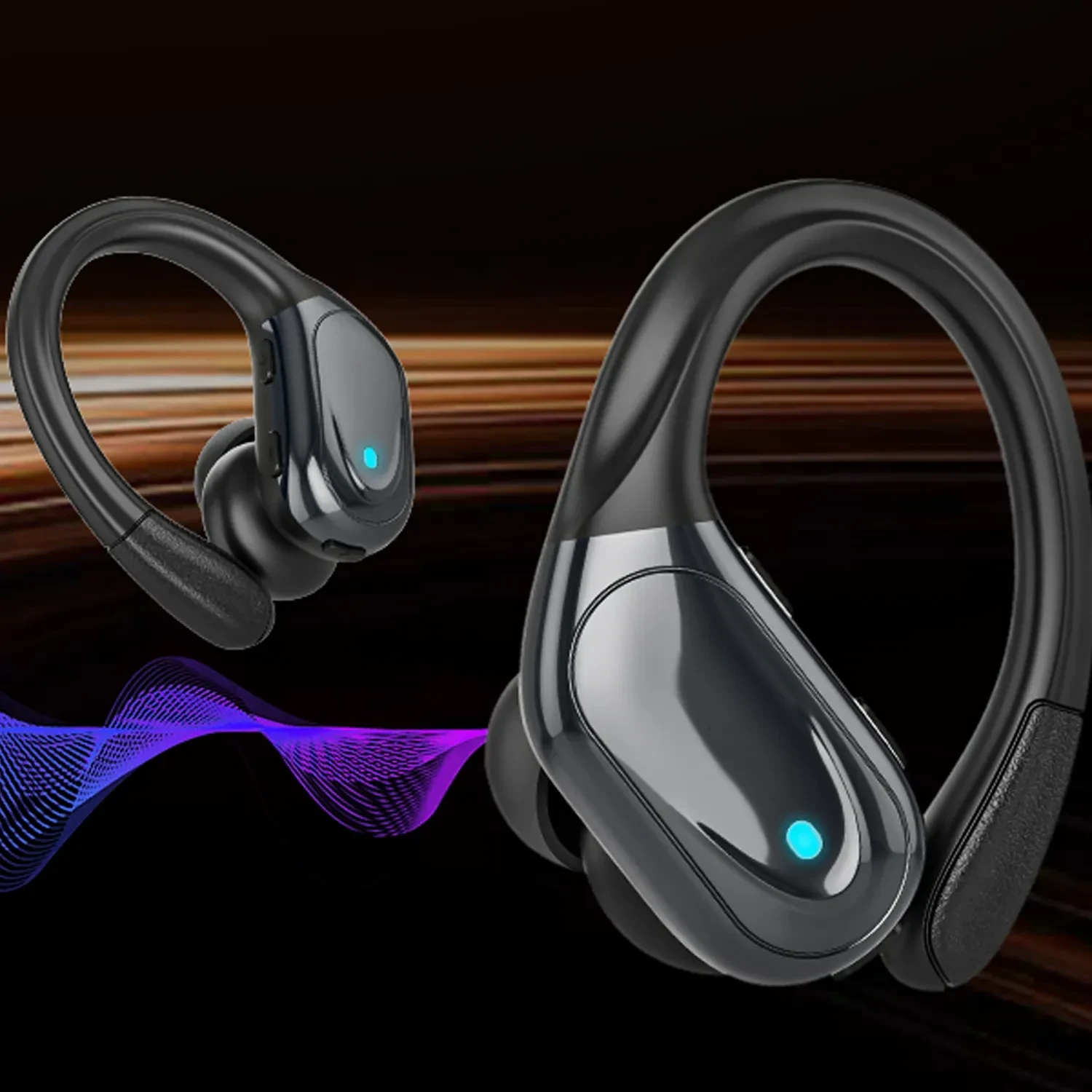 Black wireless Bluetooth earbuds with over-ear hooks and blue LED indicator lights.