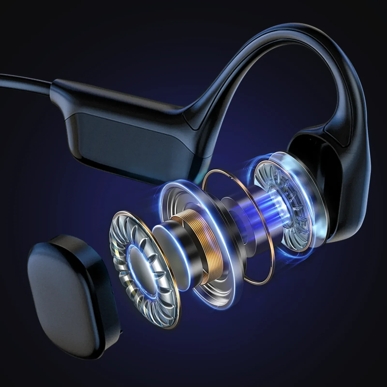 Black bone conduction headphones with exposed internal drivers and copper coils.