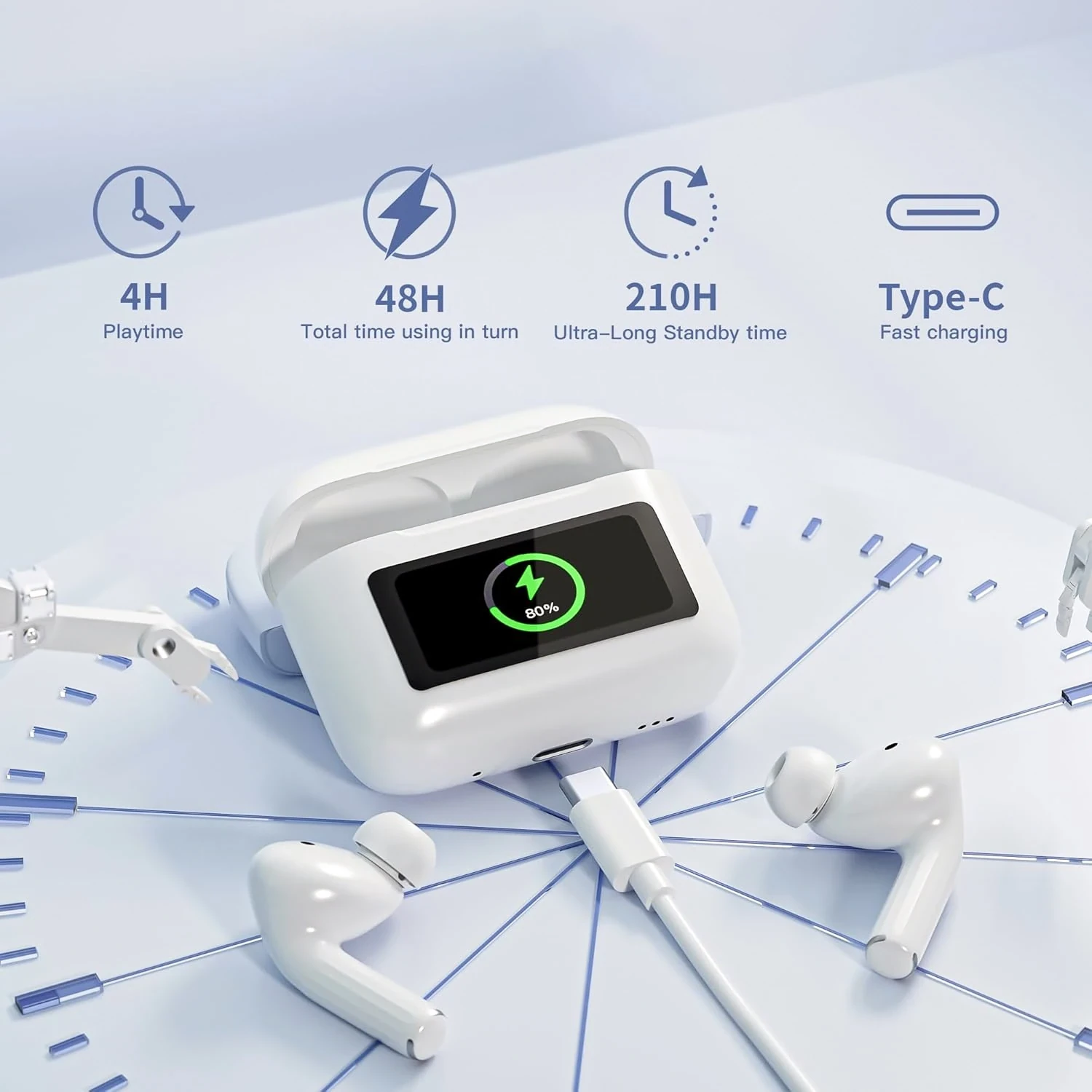 White wireless earbuds with charging case showing 80% battery on digital display, connected to USB-C charging cable.