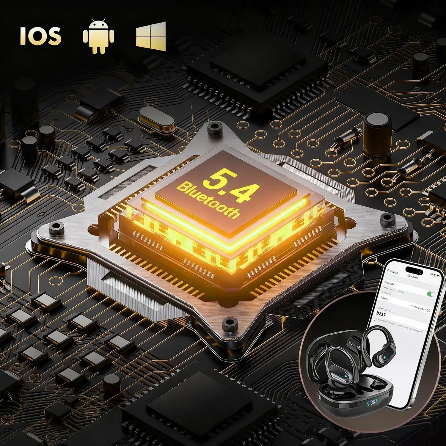 Wireless earbuds with Bluetooth 5.4 chip, charging case, and compatibility icons for iOS, Android, and Windows.