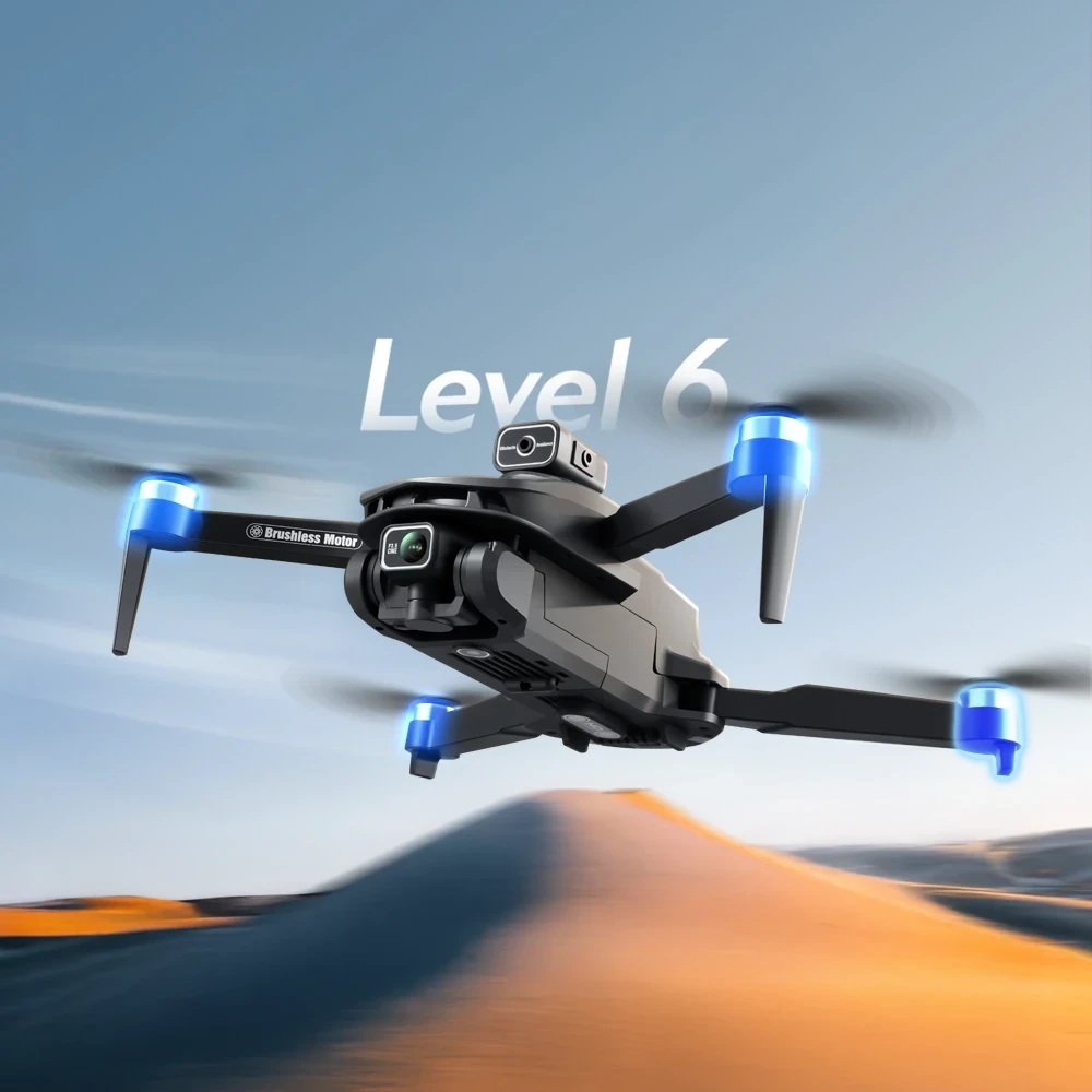 Gray quadcopter drone with 4K camera, blue LED propellers and brushless motor arms, flying over sand dunes under Level 6 text