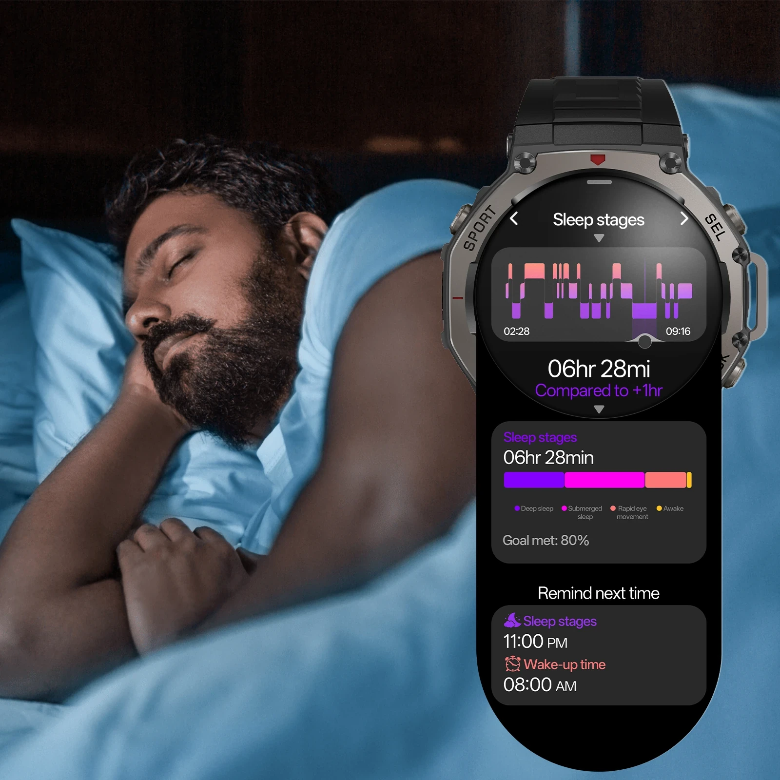 Rugged smartwatch with black strap and metallic bezel displaying sleep stages tracking interface.