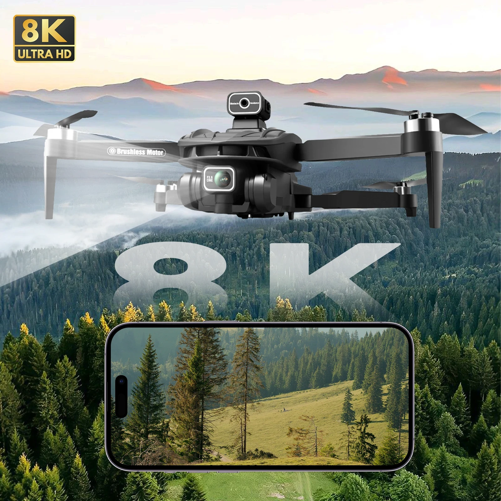 Black foldable 8K camera drone with dual cameras and brushless motors flying over forest mountains