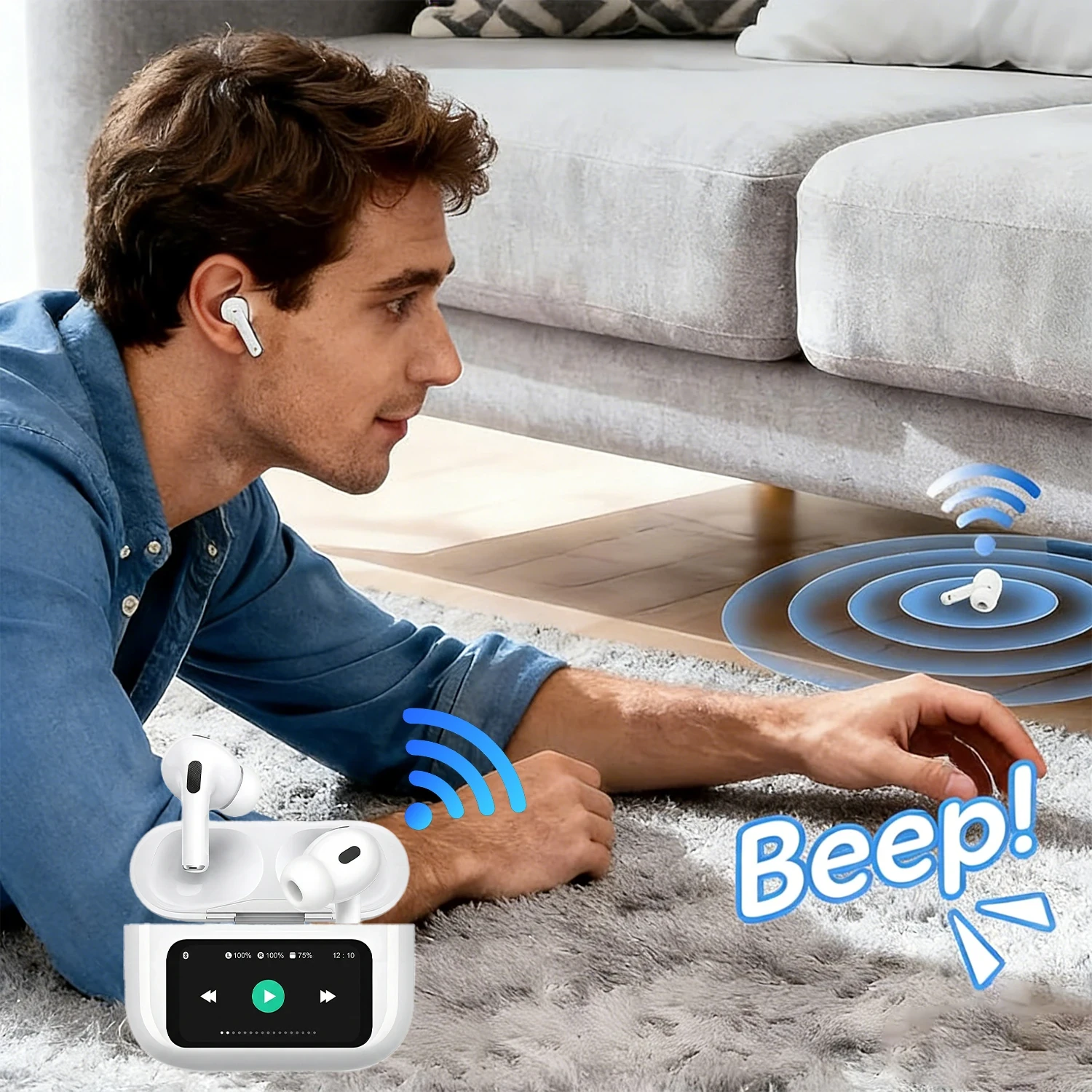 White wireless earbuds with touchscreen charging case and Bluetooth connectivity.