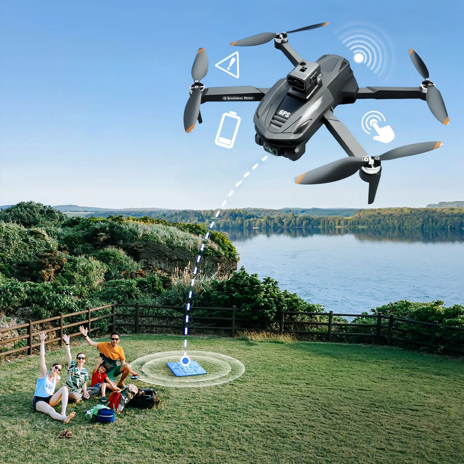 Gray GPS quadcopter drone with brushless motors flying above a lakeside lawn where a family picnics
