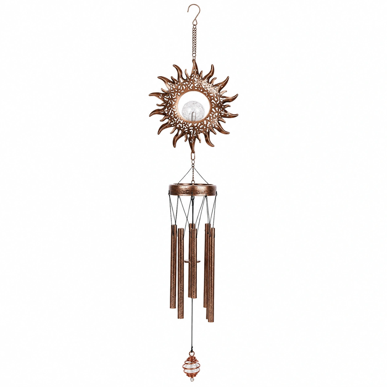 Campanilla de Viento Solar Decorativa con Motivo de Sol y Acabado Cobre-HOMAV ORA