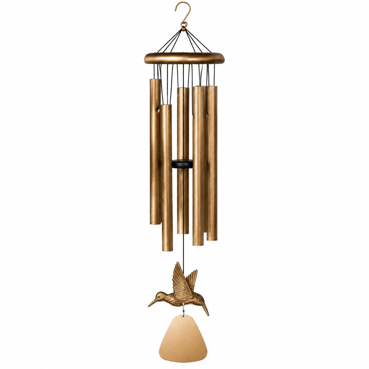 Campanilla de Viento Tubular de Metal con Ave Decorativa Dorada-HOMAV ORA