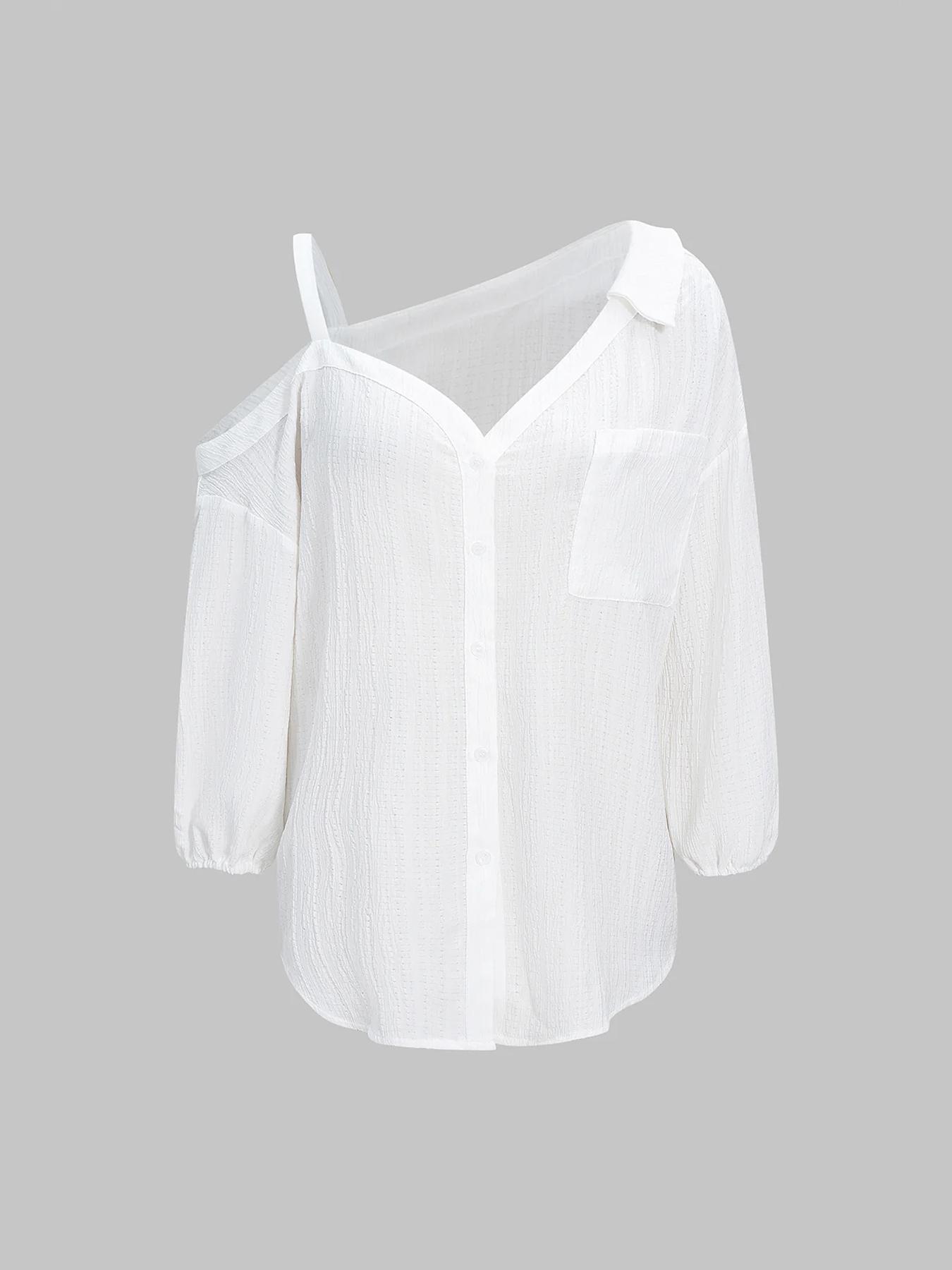 1 Spring Summer Asymmetric Cold Shoulder Blouse Women | Collared Button Down Textured Fabric 3/4 Sleeve | Clean Girl Casual Chic Style for Daily Vacation Beach Travel