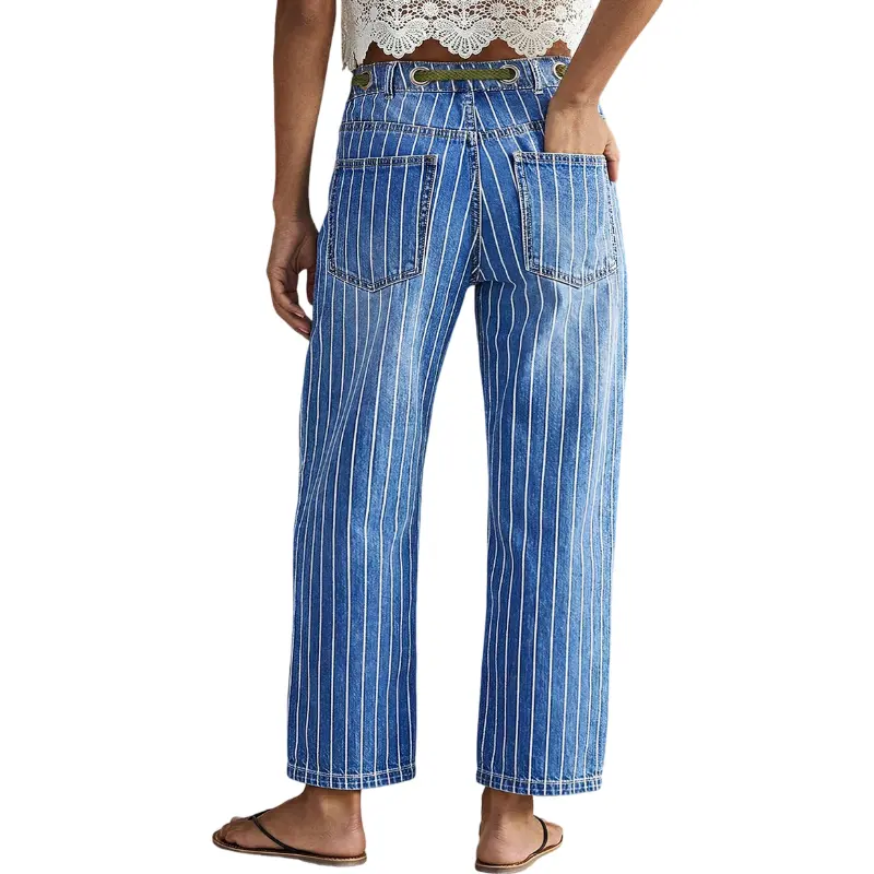 Flamingals Pinstripe Drawstring Patched Pocket High Waist Straight Leg Jeans Womenswear Stretchy 25.0" Inseam