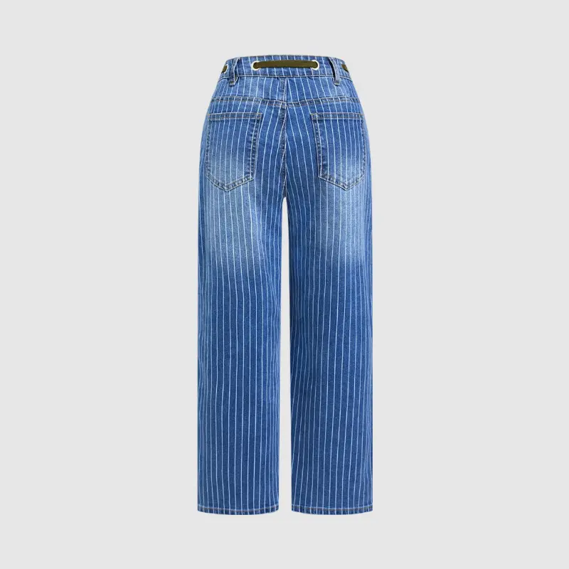 Flamingals Pinstripe Drawstring Patched Pocket High Waist Straight Leg Jeans Womenswear Stretchy 25.0" Inseam