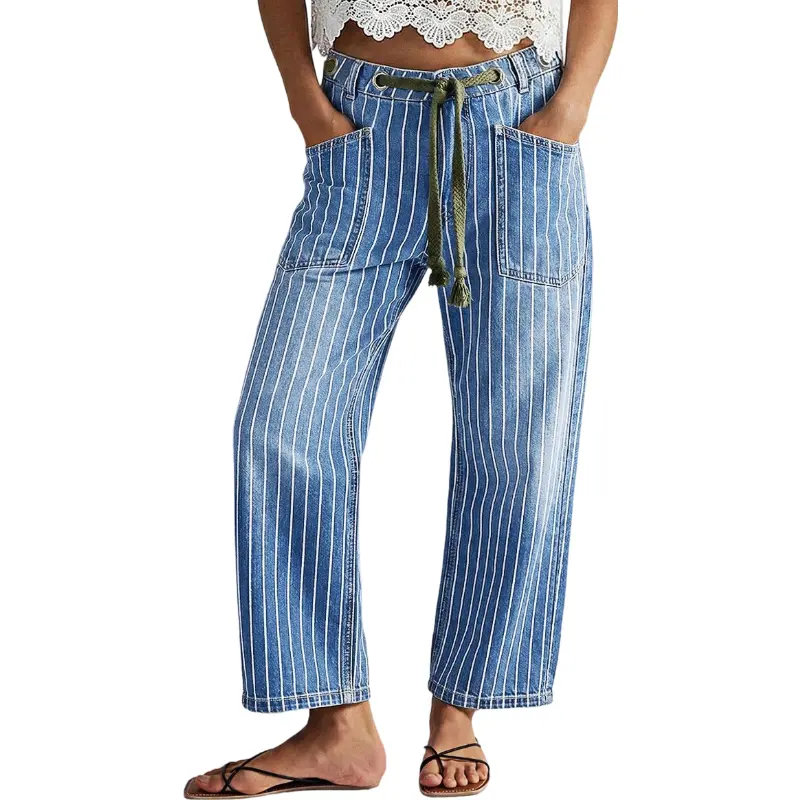 Flamingals Pinstripe Drawstring Patched Pocket High Waist Straight Leg Jeans Womenswear Stretchy 25.0" Inseam