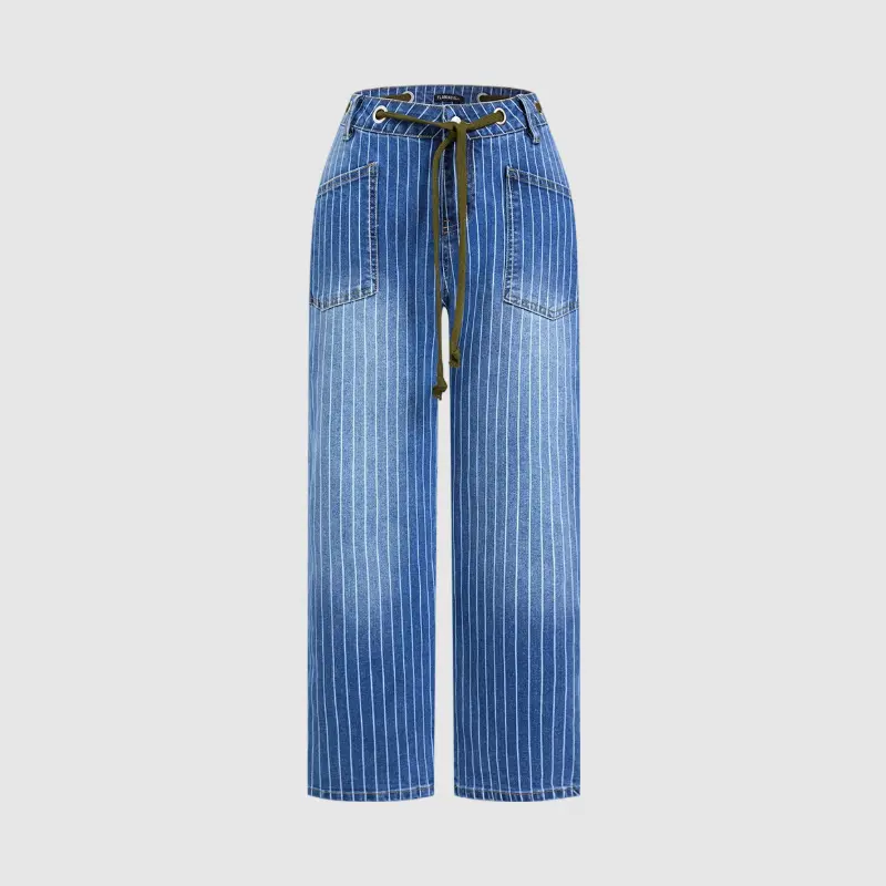 Flamingals Pinstripe Drawstring Patched Pocket High Waist Straight Leg Jeans Womenswear Stretchy 25.0" Inseam