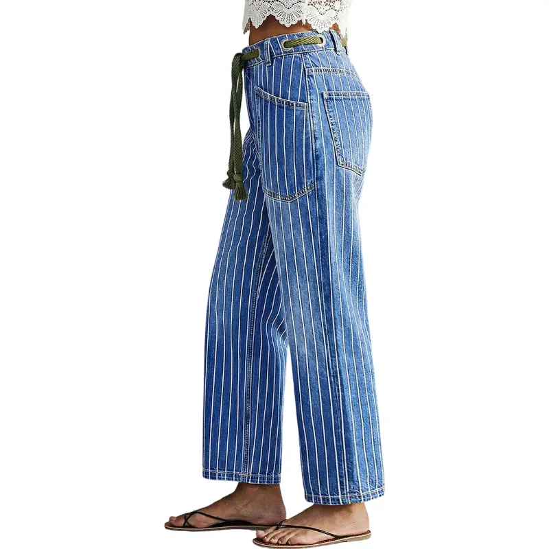 Flamingals Pinstripe Drawstring Patched Pocket High Waist Straight Leg Jeans Womenswear Stretchy 25.0" Inseam