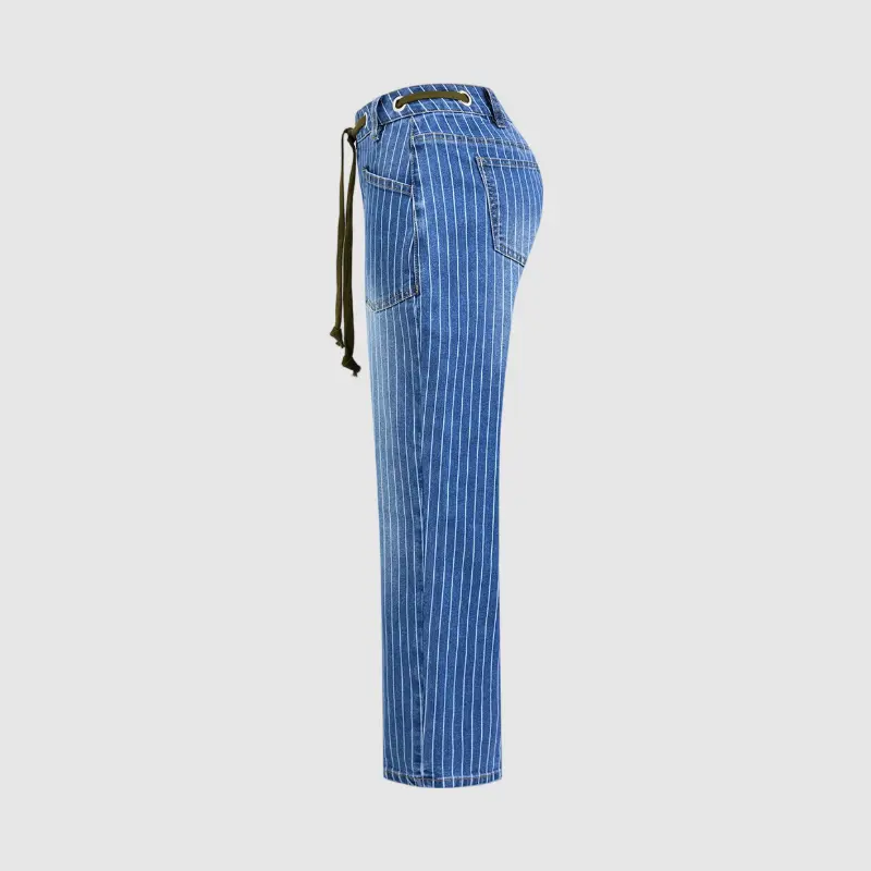 Flamingals Pinstripe Drawstring Patched Pocket High Waist Straight Leg Jeans Womenswear Stretchy 25.0" Inseam