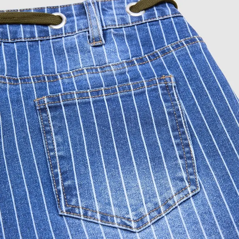 Flamingals Pinstripe Drawstring Patched Pocket High Waist Straight Leg Jeans Womenswear Stretchy 25.0" Inseam