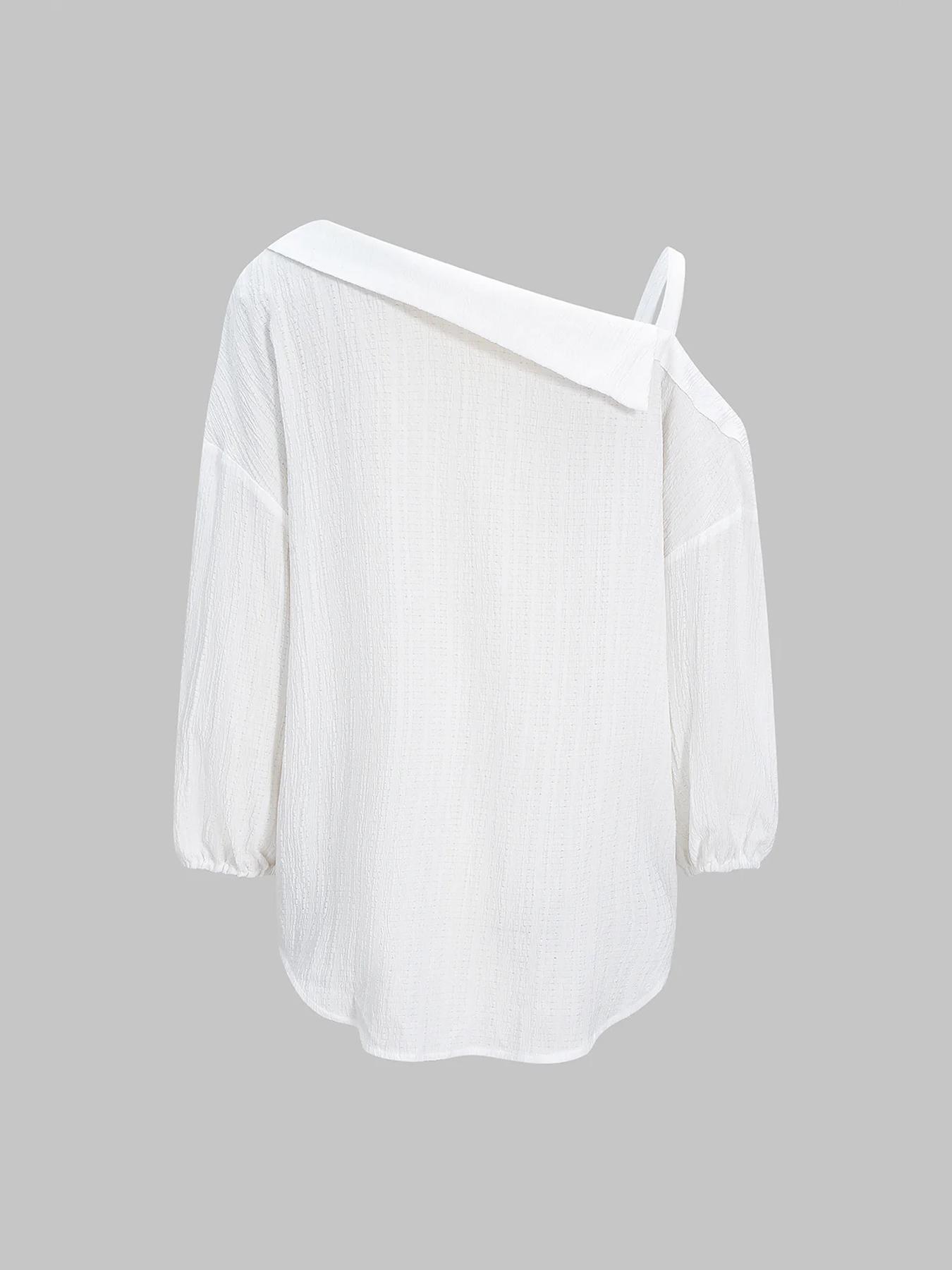 1 Spring Summer Asymmetric Cold Shoulder Blouse Women | Collared Button Down Textured Fabric 3/4 Sleeve | Clean Girl Casual Chic Style for Daily Vacation Beach Travel