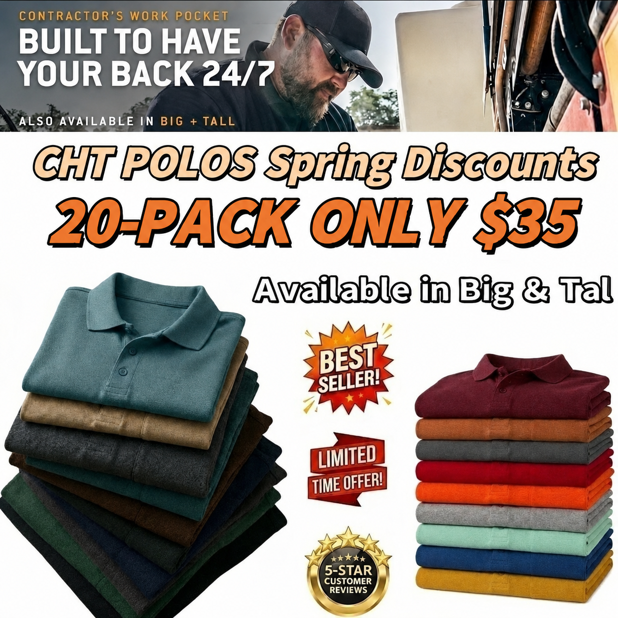 CHT Men's Workwear Loose Fit Heavyweight POLOS (Also Available in Big & Tall)