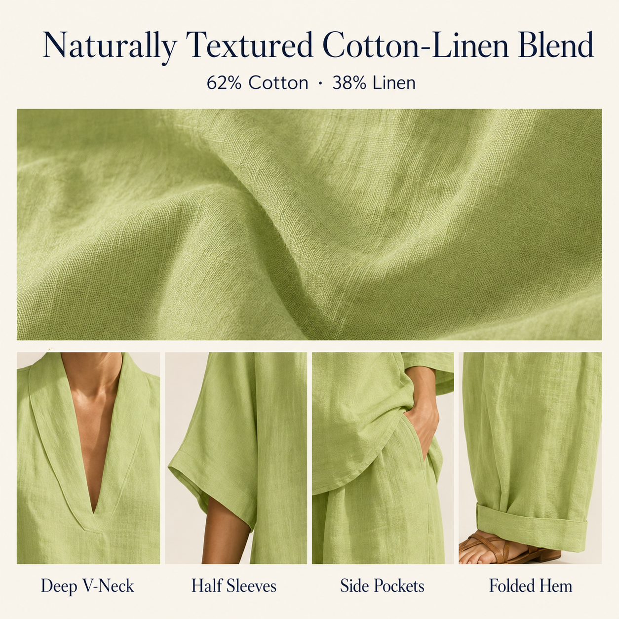 Cotton-linen texture and garment details including V-neck, half sleeves, side pockets, and folded hem