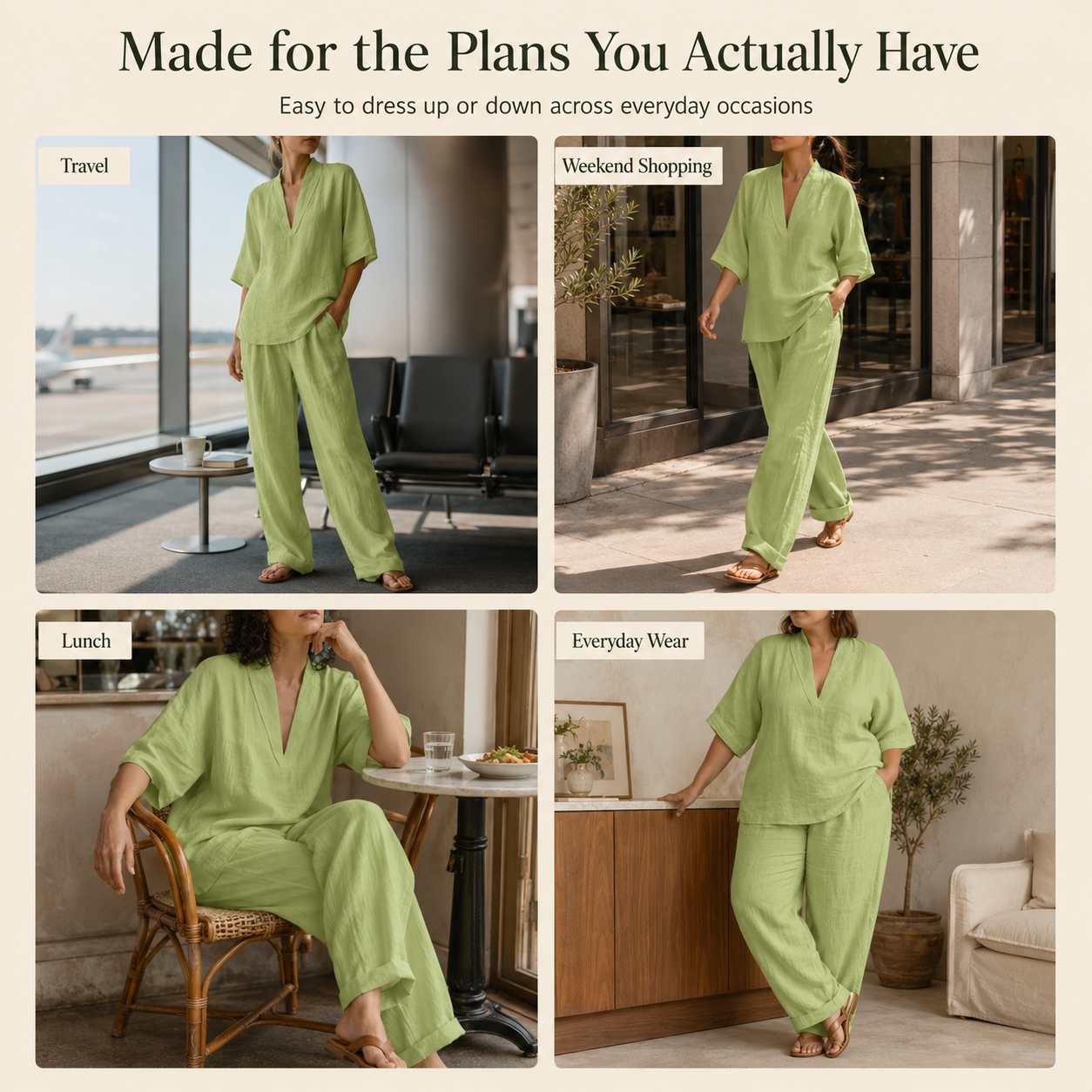 Cotton-linen two-piece set styled for travel, weekend shopping, lunch, and everyday wear