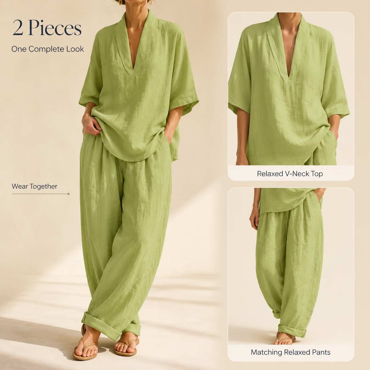 Women's cotton-linen two-piece set with relaxed top and matching pants
