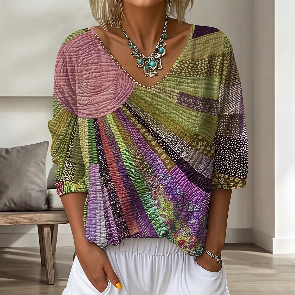 Women's Gradient Floral Three-Quarter-Sleeve V-Neck Top