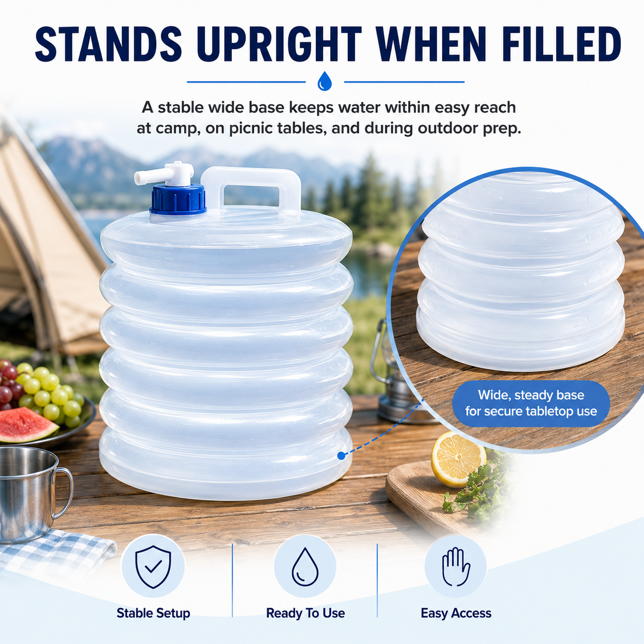 Collapsible water container stands upright when filled