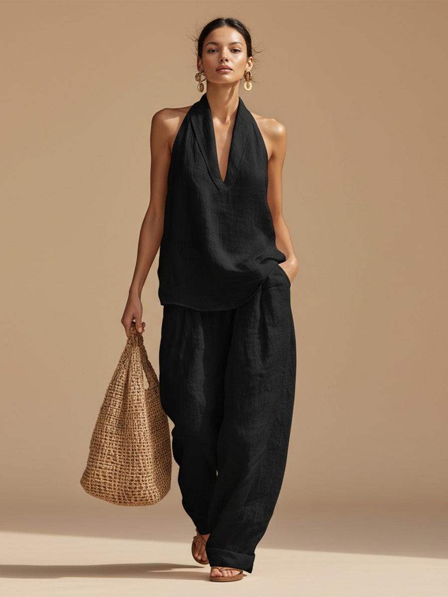 Women’s Sleeveless Cotton-Linen Wide-Leg Vacation Set