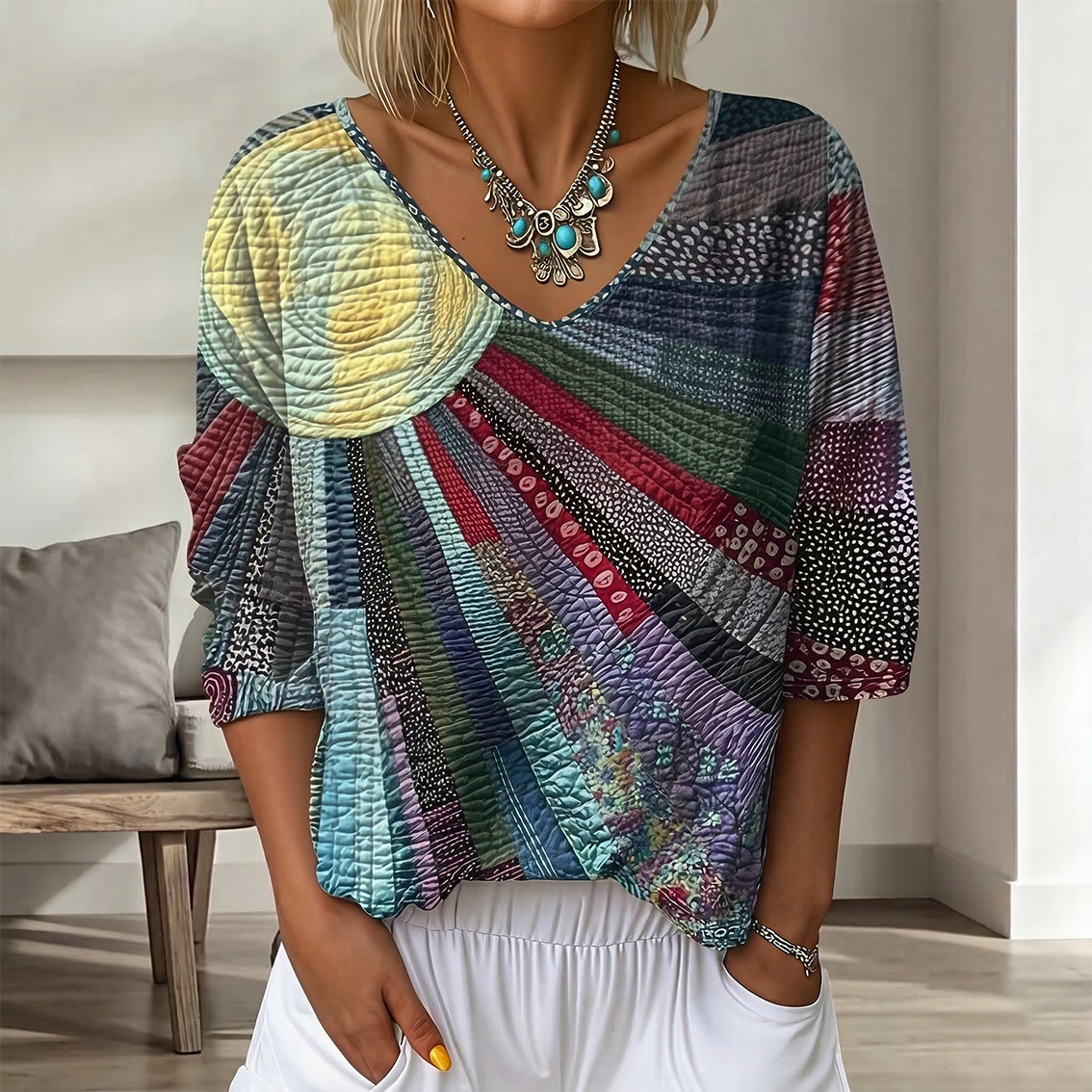 Women's Gradient Floral Three-Quarter-Sleeve V-Neck Top