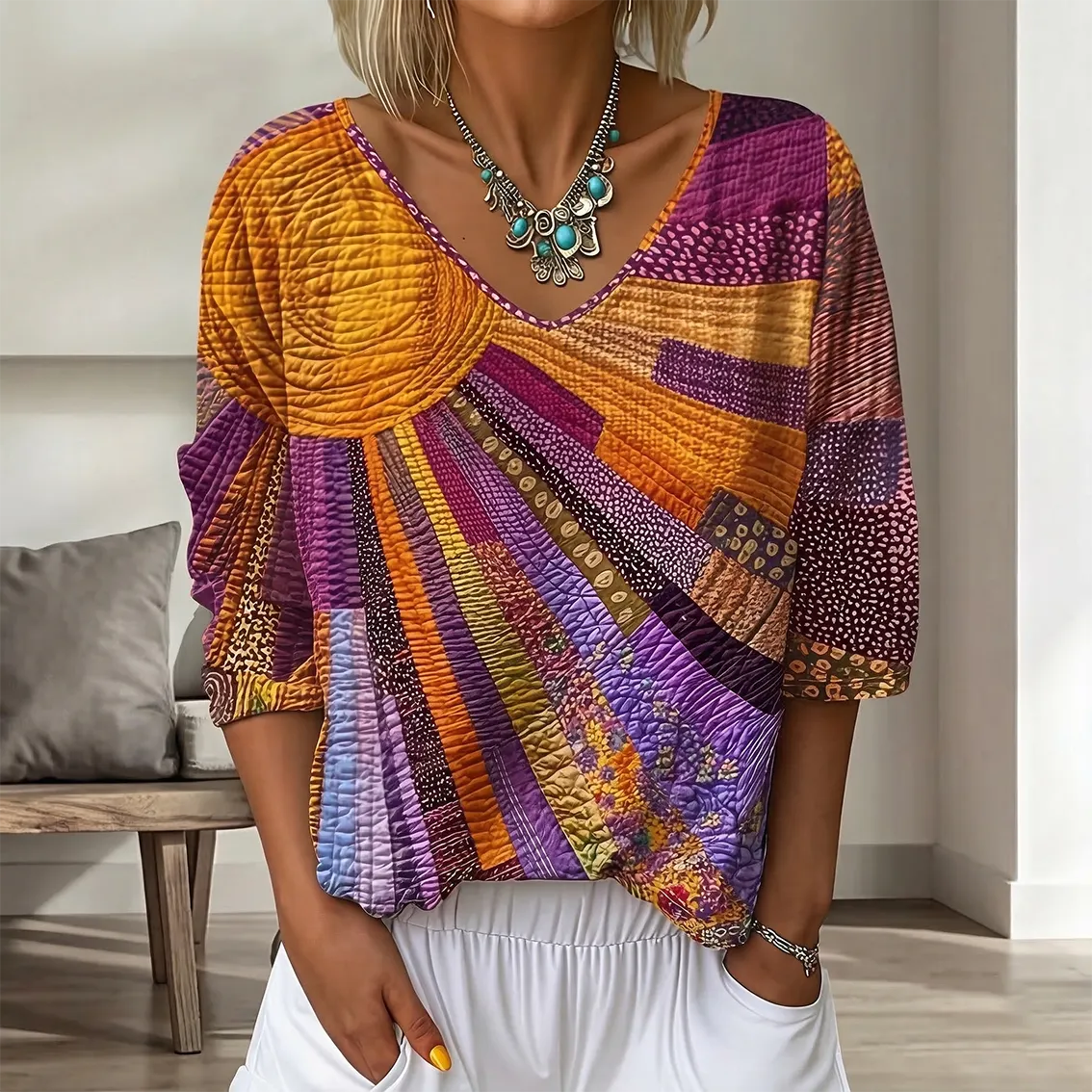 Women's Gradient Floral Three-Quarter-Sleeve V-Neck Top