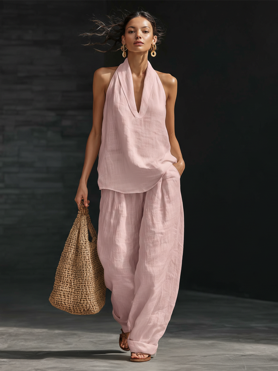 Women’s Sleeveless Cotton-Linen Wide-Leg Vacation Set