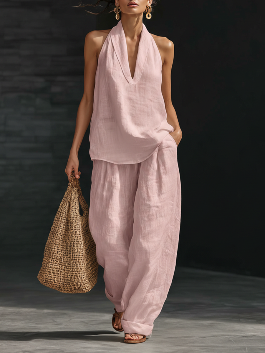 Women’s Sleeveless Cotton-Linen Wide-Leg Vacation Set