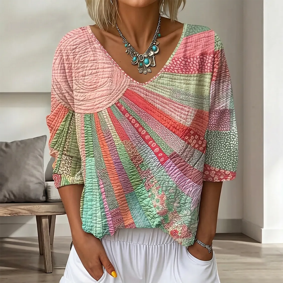 Women's Gradient Floral Three-Quarter-Sleeve V-Neck Top
