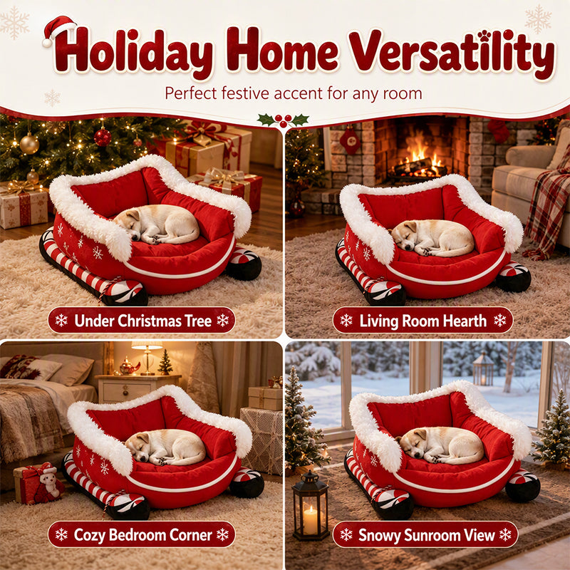 Christmas sleigh pet bed in a festive home setting