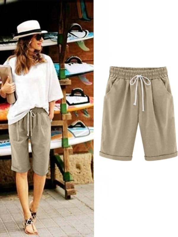 Khaki Solid Summer Loose Pocket Shorts