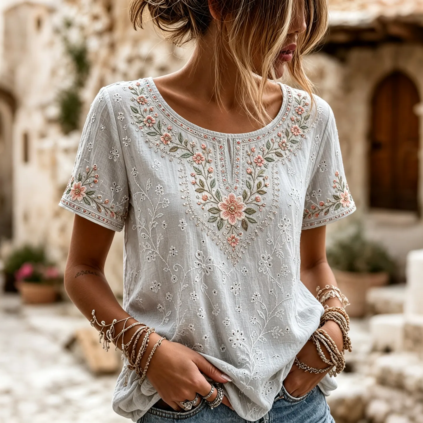 Women's Vintage Floral Rose Embroidered Top