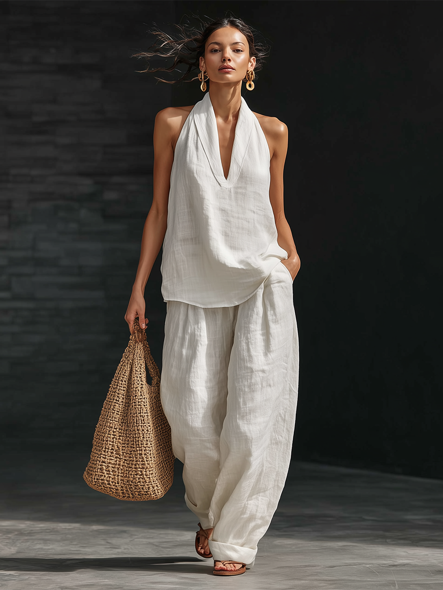 Women’s Sleeveless Cotton-Linen Wide-Leg Vacation Set