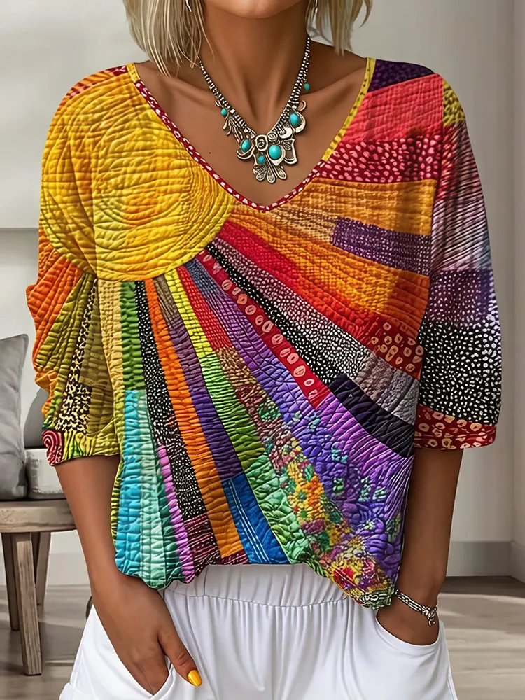 Women's Gradient Floral Three-Quarter-Sleeve V-Neck Top