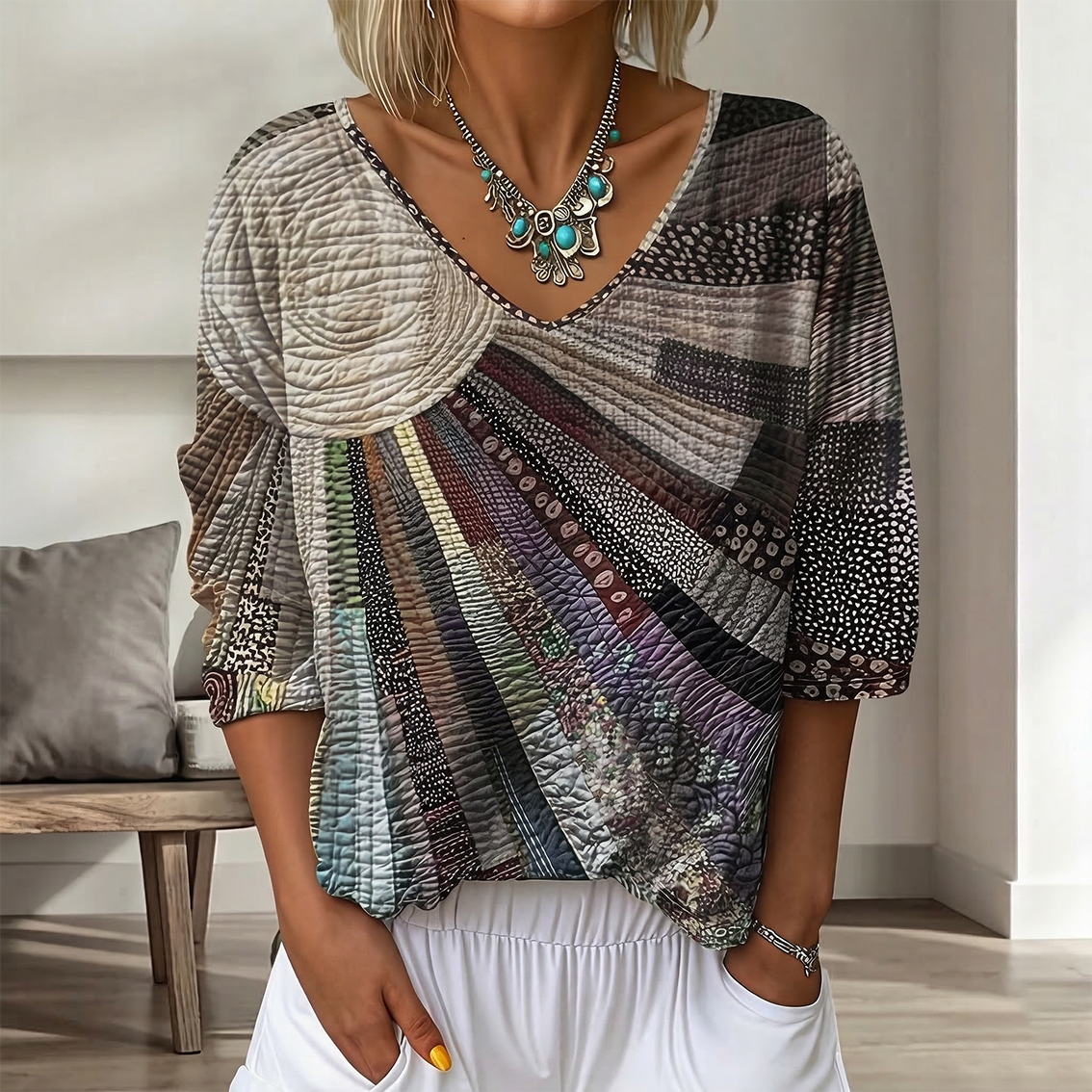 Women's Gradient Floral Three-Quarter-Sleeve V-Neck Top