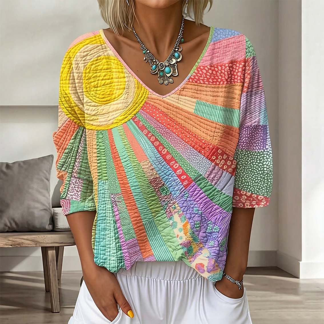 Women's Gradient Floral Three-Quarter-Sleeve V-Neck Top